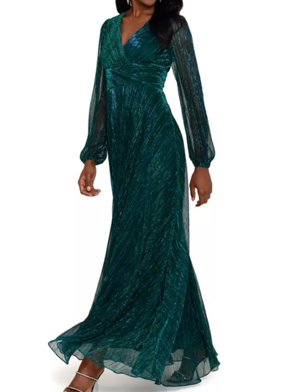 BETSY & ADAM Women's Long Sleeve V-Neck Solid Shimmer Gown NEW SIZE 8